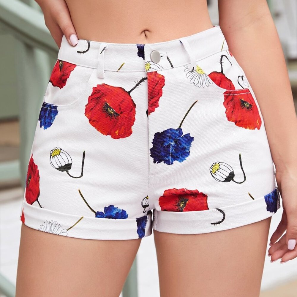 Floral Print White Denim Shorts